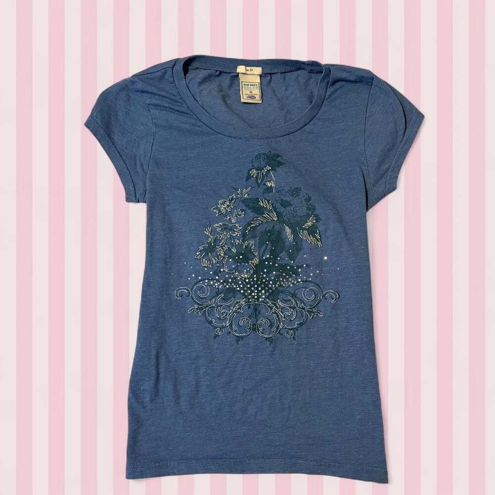 Old Navy Vintage Y2K Floral Rhinestone Graphic Baby Tee M